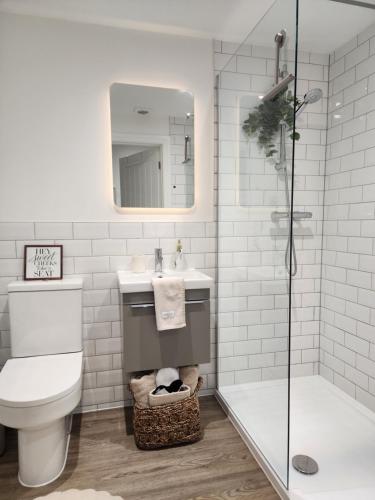 a bathroom with a toilet and a sink and a shower at Seashell Retreat in Bournemouth