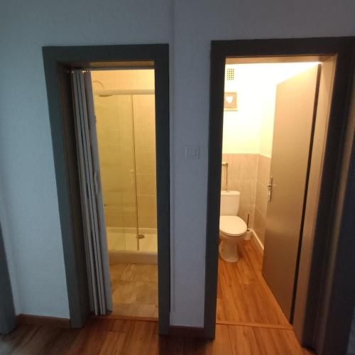 two doors to a bathroom with a toilet and a shower at charming apartment in Stiring-Wendel