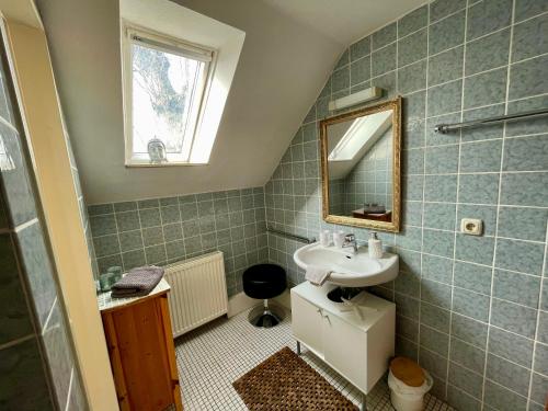 a bathroom with a sink and a mirror at Landhaus am Deich in Dornum