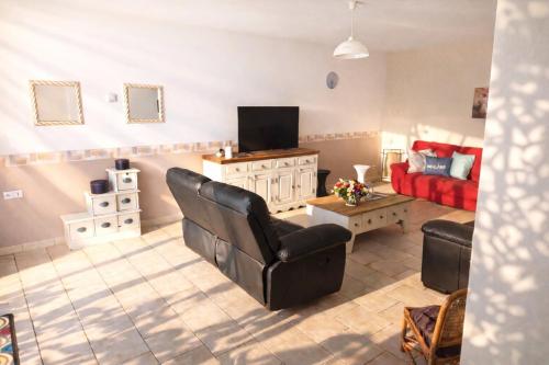 a living room with a couch and a television at LES CHESNEAUX in Loches