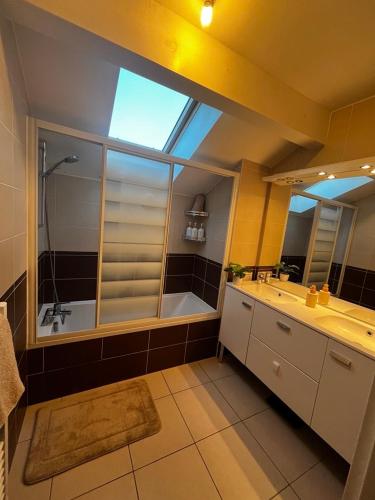 a bathroom with a shower and a sink and a mirror at Modern Apartment in Annemasse 15 mins to Geneva with private free parking in Vétraz-Monthoux
