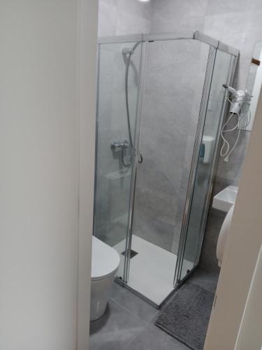 a shower stall in a bathroom with a toilet at Pension Ameneiral in O Pedrouzo