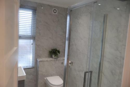 a bathroom with a shower with a toilet and a sink at Airy 3 bedroom House in Norwood