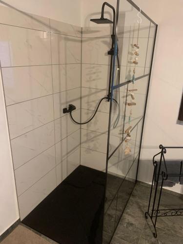 a shower with a glass door in a room at Ferienwohnung Schimpf in Sosberg