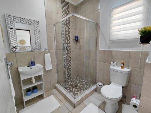 a bathroom with a shower and a toilet and a sink at Wölfe Krantz Accommodation in Nelspruit