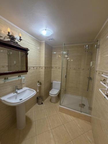 a bathroom with a sink and a shower and a toilet at Dwór Lisewo in Lisewo