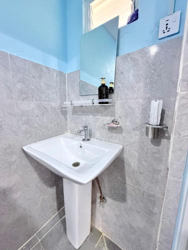 un bagno con un lavandino bianco e uno specchio di The Mango Tree Backpackers Hostel a Pokhara