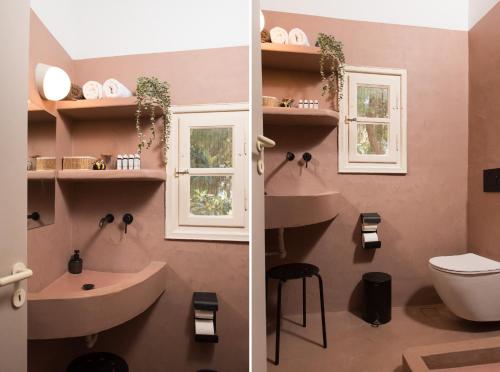 zwei Bilder eines Badezimmers mit Waschbecken und Toilette in der Unterkunft Traganitsa Apartments in Tragána