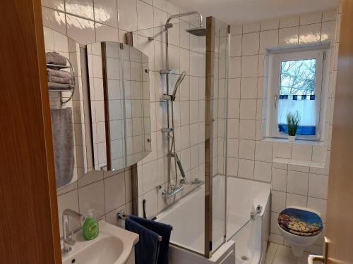 a bathroom with a shower and a tub and a sink at Apartment Erzgebirgsperle in Schwarzenberg
