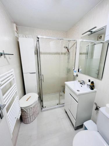 a bathroom with a shower and a toilet and a sink at Laguna 88 in La Mata