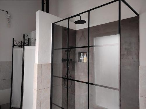 a shower with a glass door in a bathroom at Campus House in Forlì