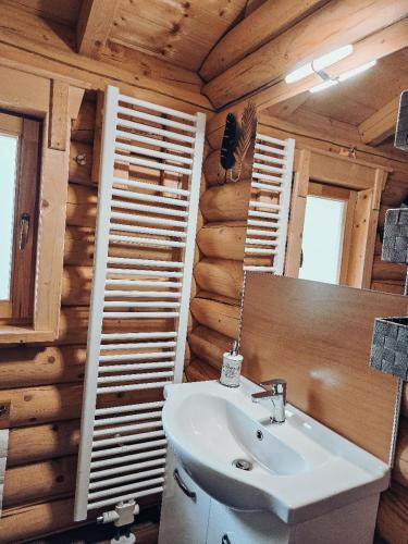 a bathroom with a sink in a log cabin at Chalet Hüttendorf 49 gradnord in Bayerisch Eisenstein