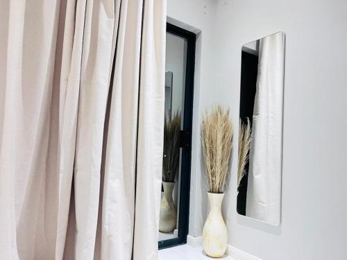 a mirror and two vases on a shelf with curtains at Zabo Guesthouse in Middelburg