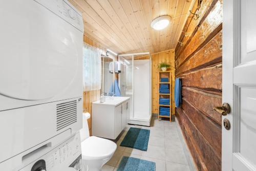 a bathroom with a toilet and a sink at Det Hvite Hus - Fosseland Hytter in Feda