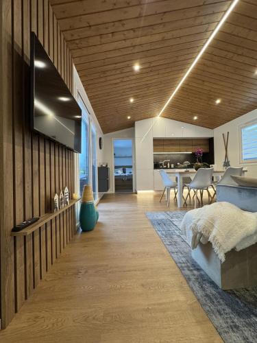 a kitchen and living room with a television on a wall at Woodland cottage in Balatonfůzfő