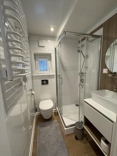 a bathroom with a shower and a toilet and a sink at Woodland cottage in Balatonfůzfő