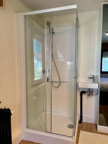 a shower with a glass door next to a sink at Villa Bonheur in Koksijde