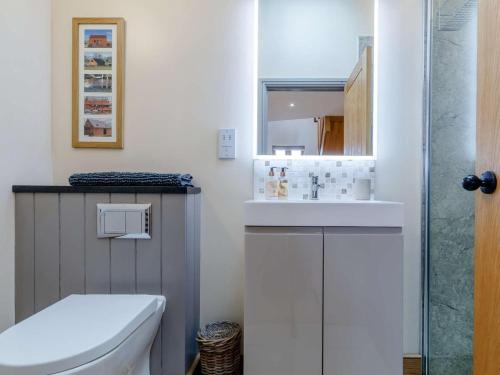 a bathroom with a toilet and a sink and a mirror at 1 Bed in Gloucester oc-60276 in Tirley