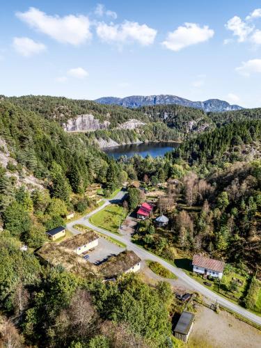 an aerial view of a town with a lake at Fosseland Hytter in Feda