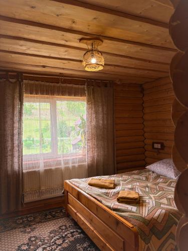a bedroom with a bed and a window at Садиба Людмила in Pilipets