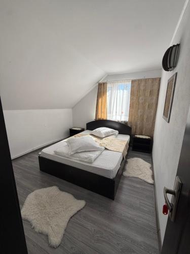 a bedroom with two beds and two rugs at Apartament Ral in Arieşeni