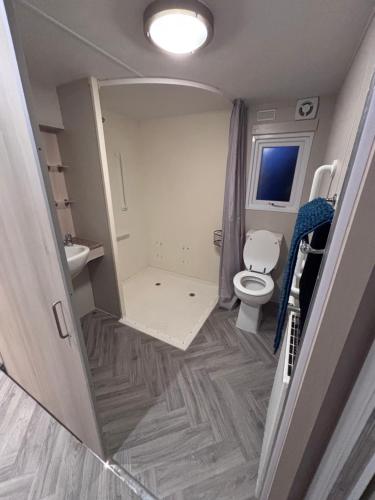 a small bathroom with a toilet and a sink at ty newydd leisure park in Brynteg