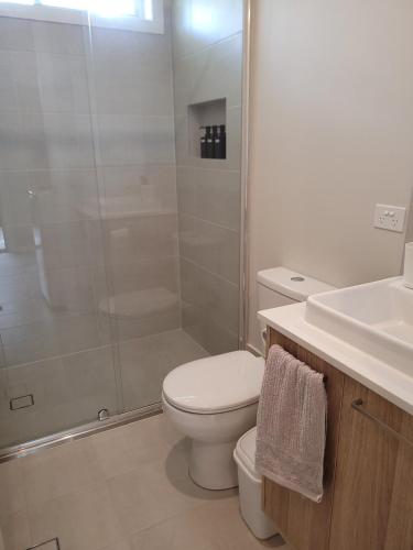 a bathroom with a shower and a toilet and a sink at Cosy Private Modern Flat in Epping