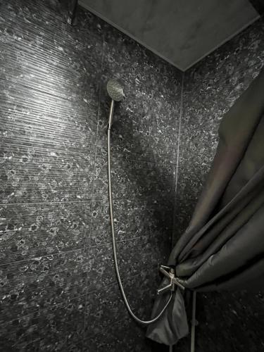 a shower with a hose attached to a wall at Дідова Хата in Sheshory