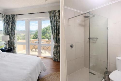 a bedroom with a shower and a bed with a glass door at The Gables Boutique Hotel in Chintsa