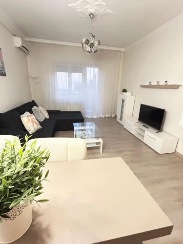 a living room with a couch and a tv at BartokLux in Budapest