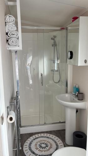 a bathroom with a shower and a sink at Noa aan Zee in Westerland