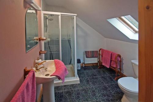 a bathroom with a sink and a toilet with pink towels at 6 Bed in Clonbur oc-i275 in Finny