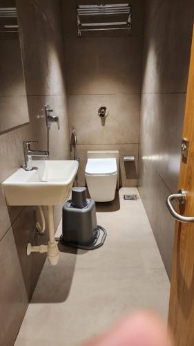 a bathroom with a sink and a toilet at Hotel Hycon in Kozhikode