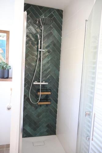 a shower in a bathroom with green tiles at La parenthèse de la Bouvaque in Abbeville