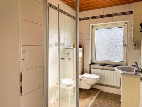 a bathroom with a toilet and a sink at Modern Apartment Wissenbach 1 in Eschenburg