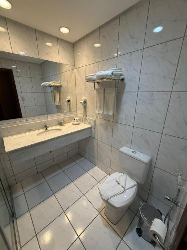 a bathroom with a toilet and a sink at Master Plaza Hotel in Barbacena