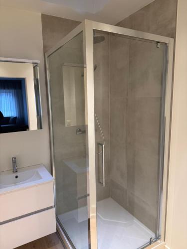 a shower with a glass door next to a sink at Cosy Seahouse in Knokke-Heist