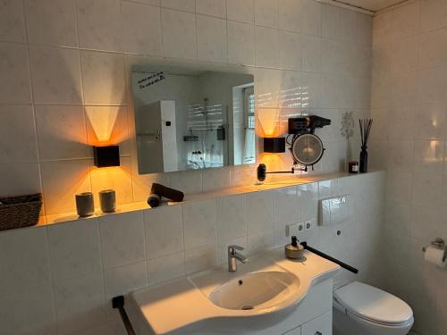 a bathroom with a sink and a mirror and a toilet at AhA in Lingen