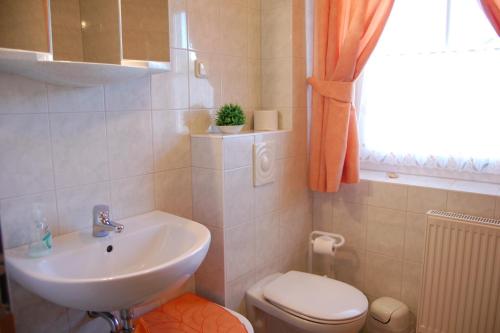 a bathroom with a sink and a toilet and a window at Boddenhus in Born