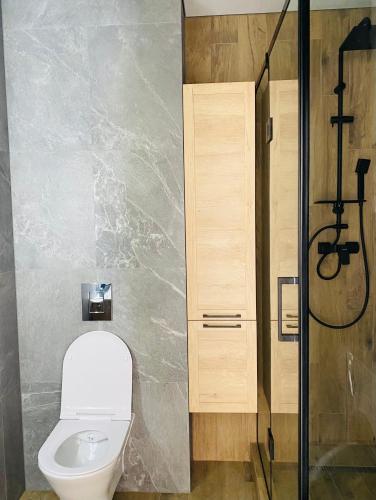 a bathroom with a toilet and a shower at Золотий Бугаз корп5 апарт3 in Odesa