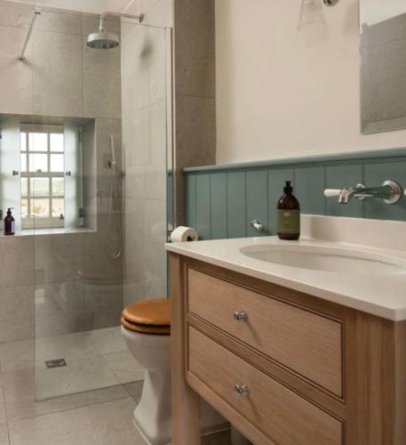 a bathroom with a sink and a toilet and a shower at Hoolet's View, East Lothian in Whittingehame