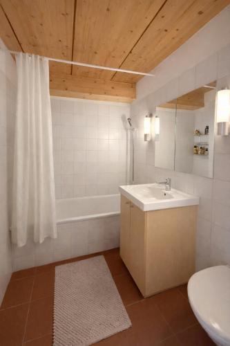a bathroom with a sink and a tub and a toilet at Penthouse duplex with sauna & mountain views in Pontresina