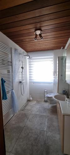 a bathroom with a sink and a toilet and a window at fewo-twete in Stadtoldendorf