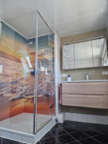 a bathroom with a shower and a sink at Ferienwohnung Haske mit Wallbox in Gifhorn