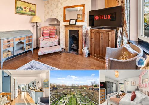 a collage of pictures of a living room at 139 I Abbey House I Characterful & Peaceful 1BR House w Garden, Rooftop Balcony, Fully Equipped Kitchen and Dedicated Workspace in Bury Saint Edmunds
