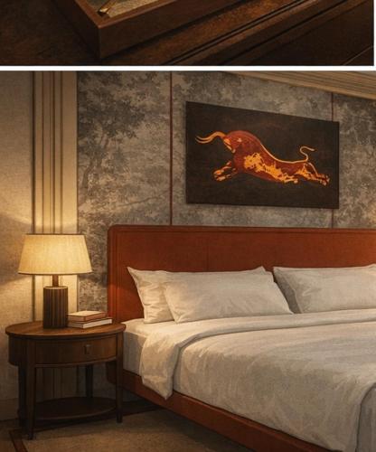 a bedroom with a bed and a painting of a dog at The Scarlet Bath in Bath