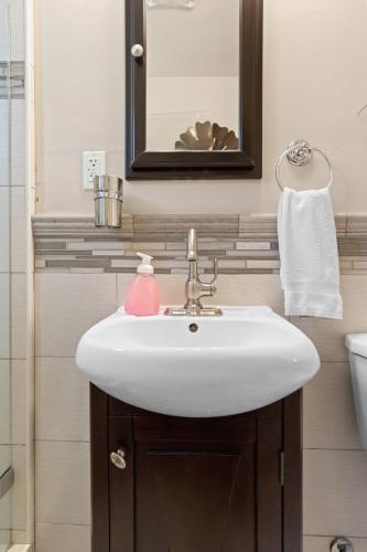 a bathroom with a white sink and a mirror at Perfect Location Walking Distance to Everything in Sacramento