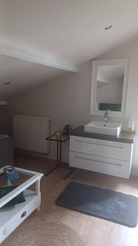 a white bathroom with a sink and a mirror at Les Deux Chambres Aucamville in Aucamville