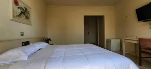 a large white bed in a room with a television at Quarto Hotel Palhano londrina in Londrina