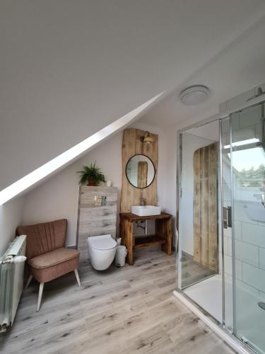 a bathroom with a shower and a toilet and a sink at Agroturystyka „Między Polami” in Zalewo